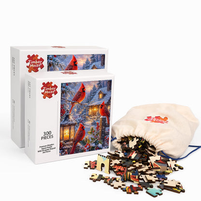 Winter Cardinal Cottage - Wooden Jigsaw Puzzle