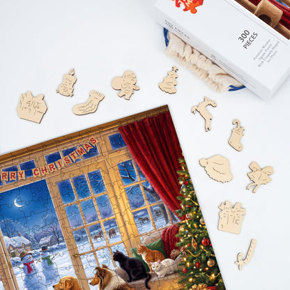 Christmas Pets by the Window - Wooden Jigsaw Puzzle