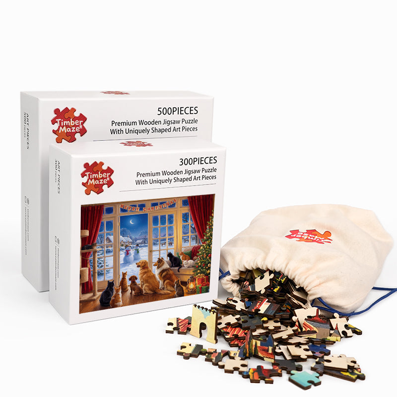Christmas Pets by the Window - Wooden Jigsaw Puzzle
