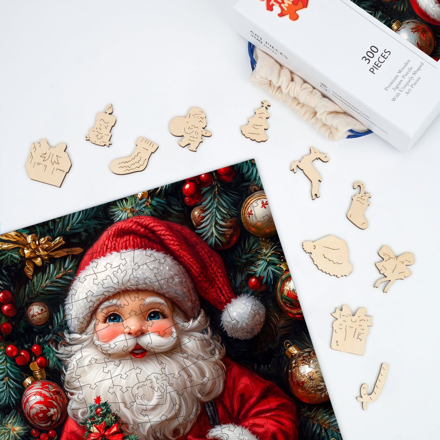 Jolly Santa Amidst Festive Decorations - Wooden Jigsaw Puzzle