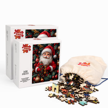 Jolly Santa Amidst Festive Decorations - Wooden Jigsaw Puzzle