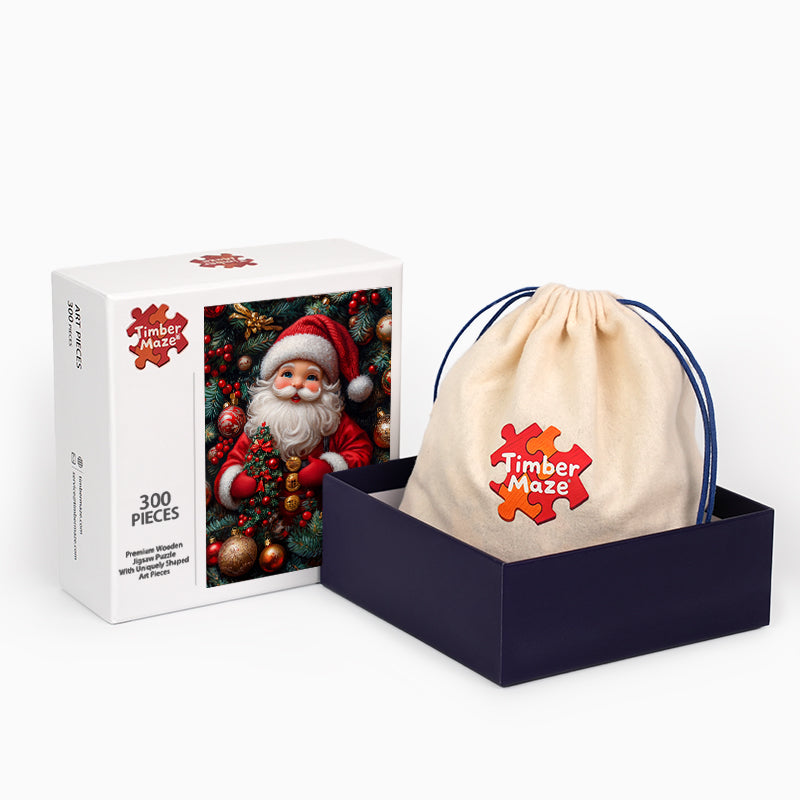 Jolly Santa Amidst Festive Decorations - Wooden Jigsaw Puzzle
