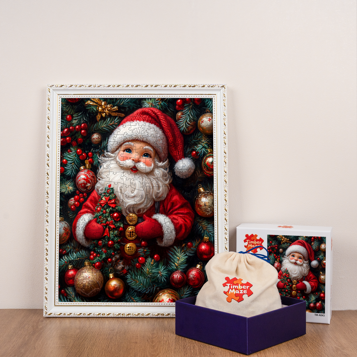Jolly Santa Amidst Festive Decorations - Wooden Jigsaw Puzzle