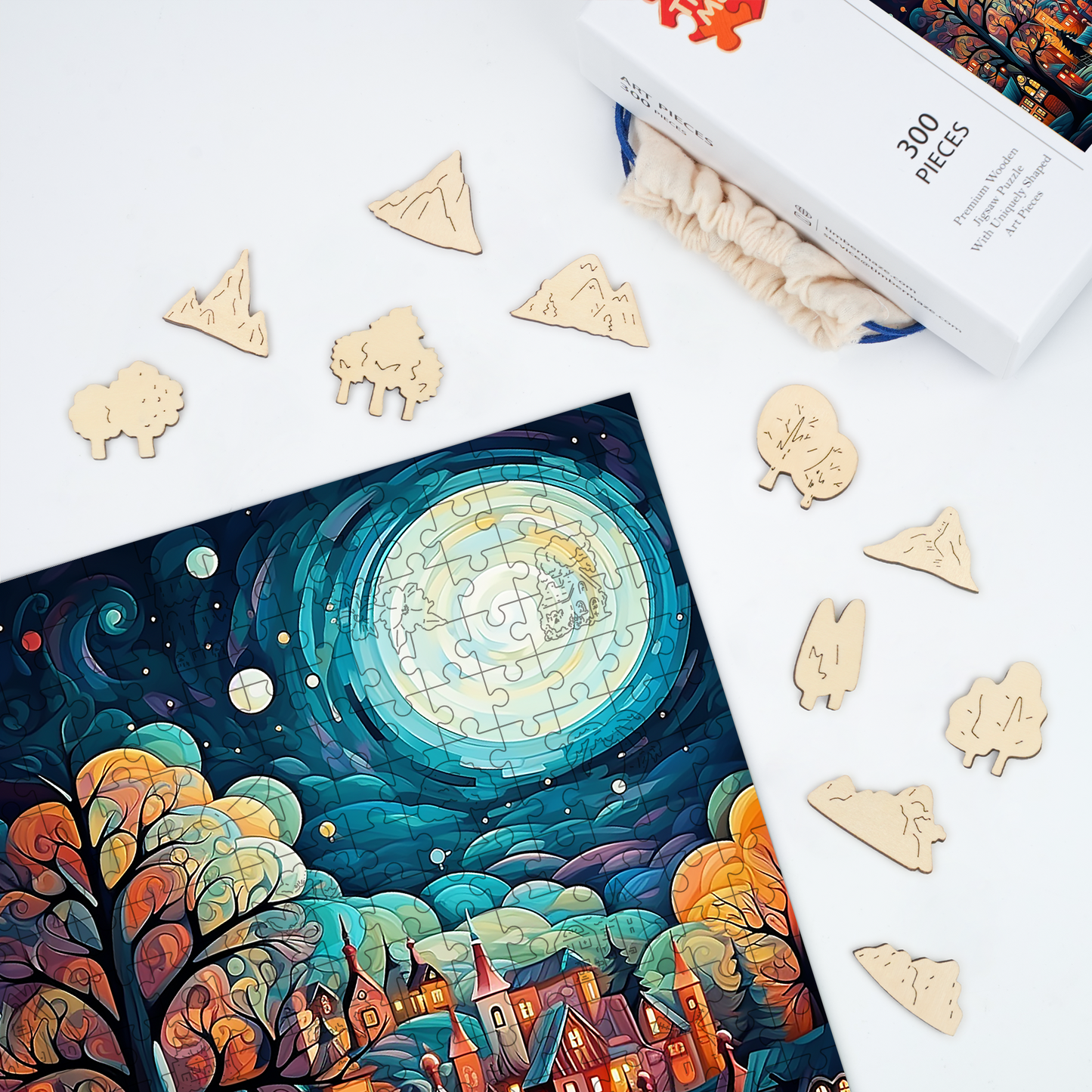 Moonlit Fantasy Village - Wooden Jigsaw Puzzle