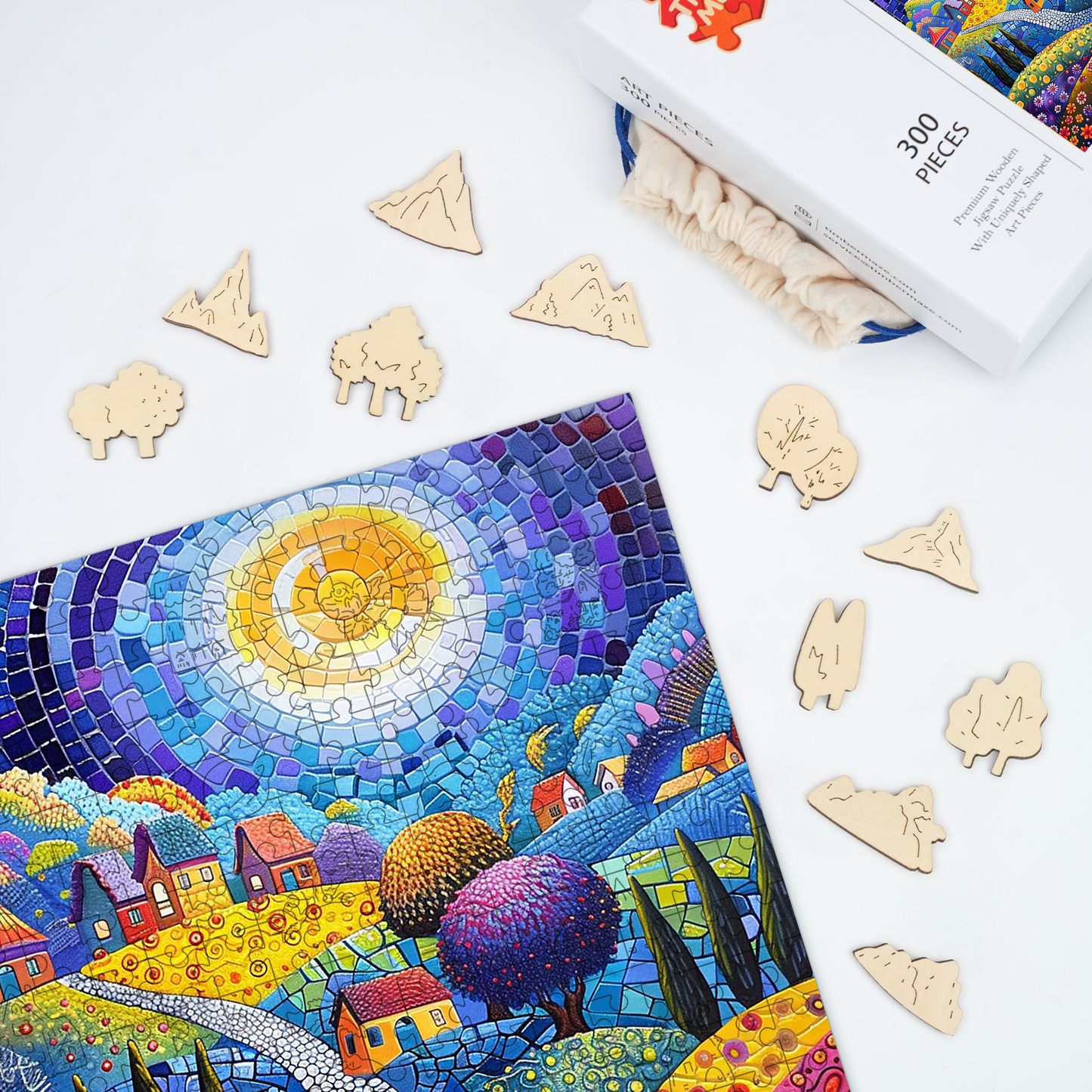 Mosaic Sunlit Village - Wooden Jigsaw Puzzle