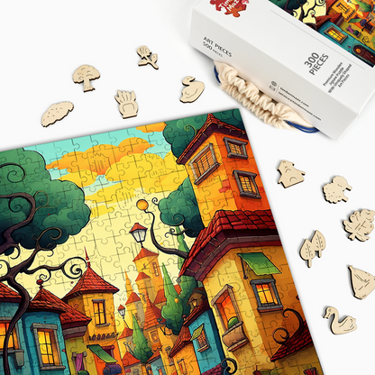 Whimsical Town Street - Wooden Jigsaw Puzzle