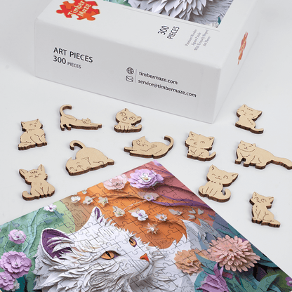 Whispers of the Paper Blossom Cat - Wooden Jigsaw Puzzle