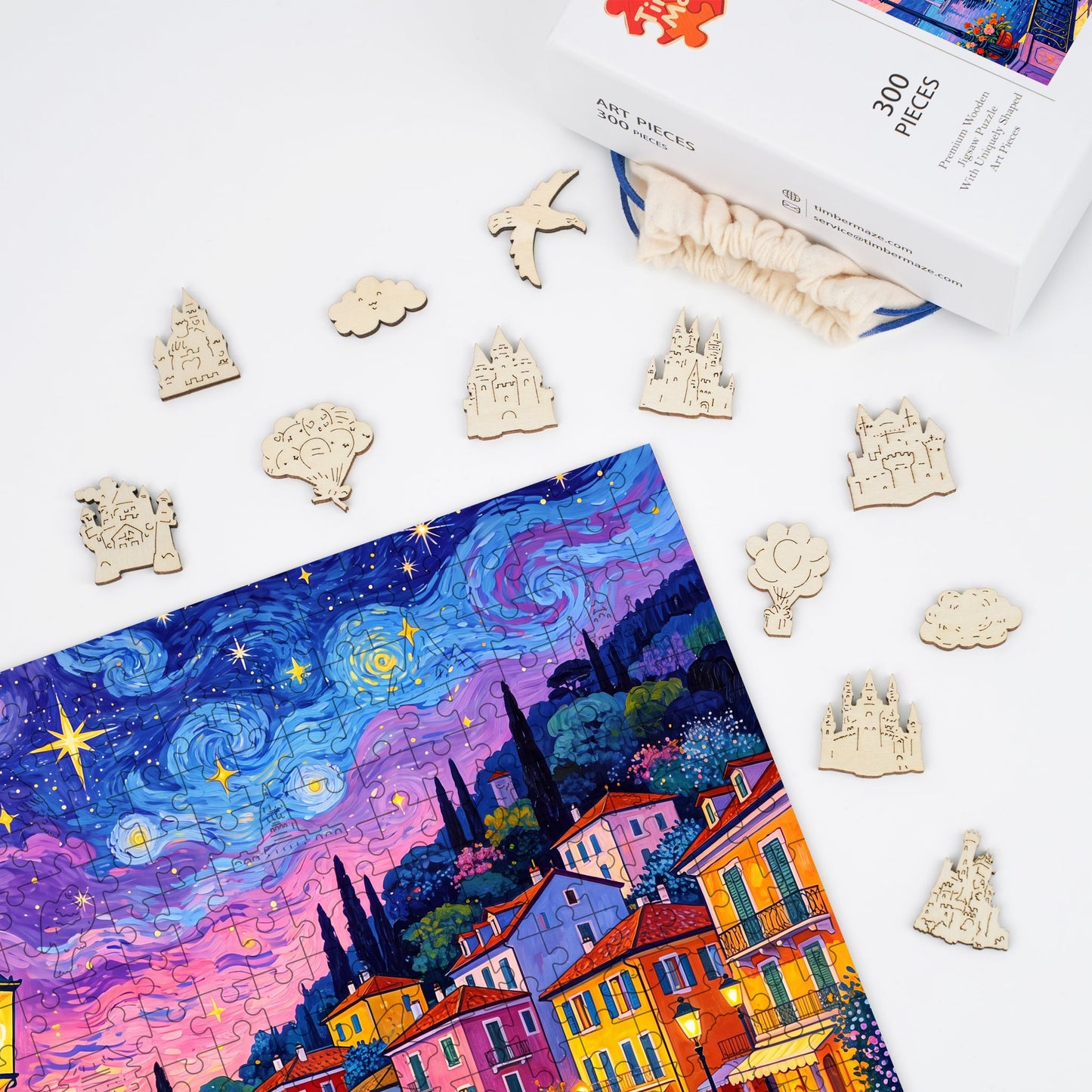 Moonlit Colorful Streets - Wooden Jigsaw Puzzle