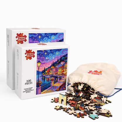 Moonlit Colorful Streets - Wooden Jigsaw Puzzle