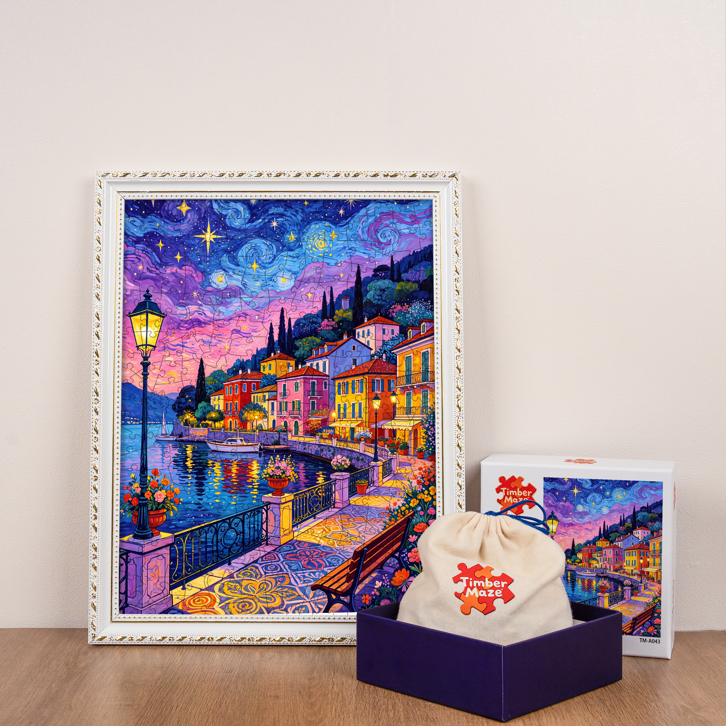 Moonlit Colorful Streets - Wooden Jigsaw Puzzle