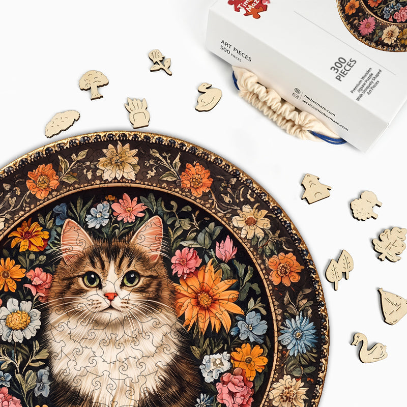 Floral Cat Plate - Wooden Jigsaw Puzzle