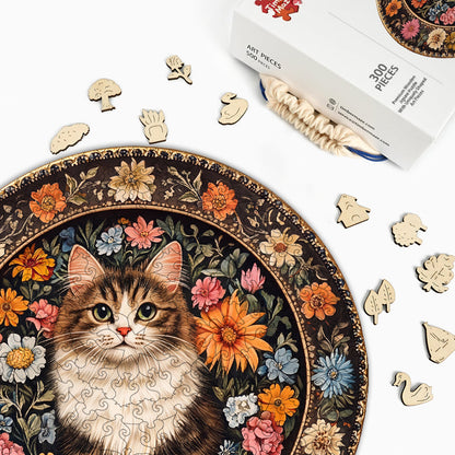 Floral Cat Plate - Wooden Jigsaw Puzzle