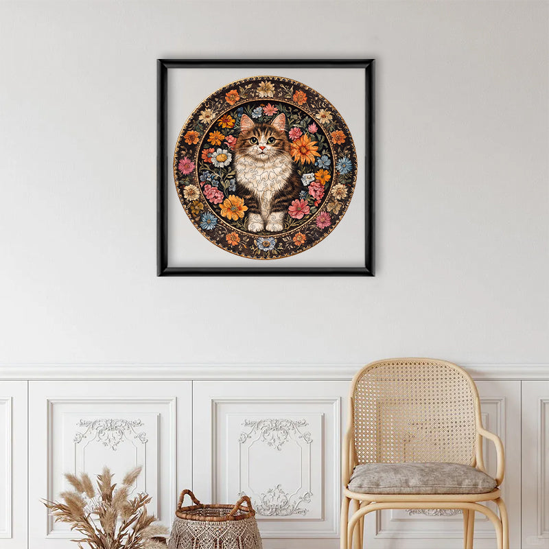 Floral Cat Plate - Wooden Jigsaw Puzzle