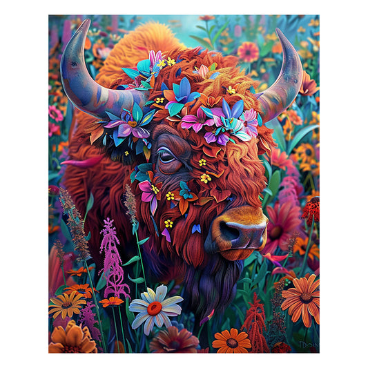 Floral Highland Cow - Wooden Jigsaw Puzzle