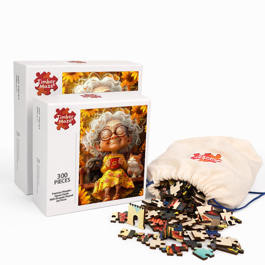 Autumn Lady with Cats - Wooden Jigsaw Puzzle