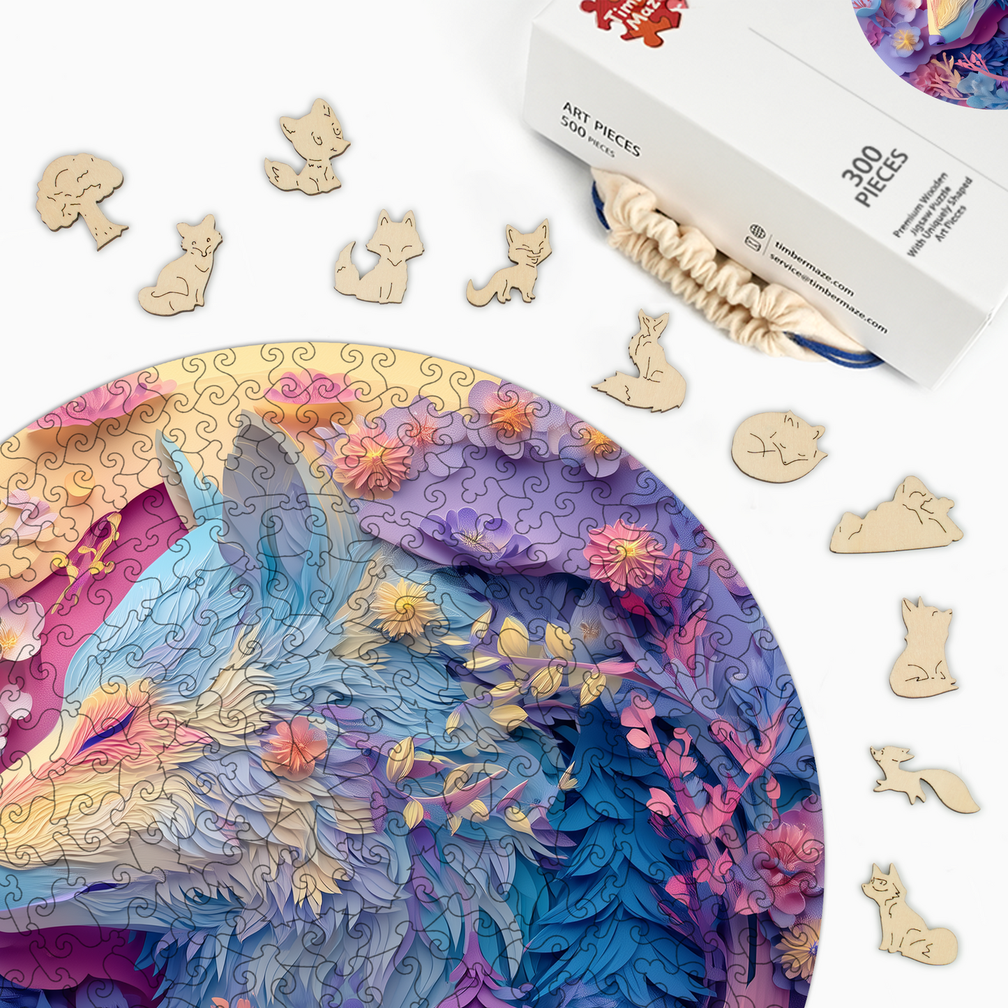Wolf & Flowers - Wooden Jigsaw Puzzle