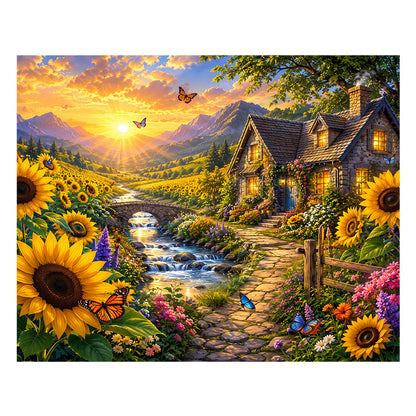 Sunflower Valley Cottage - Wooden Jigsaw Puzzle