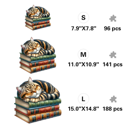 Sleeping Cat on Vintage Books - Wooden Jigsaw Puzzle